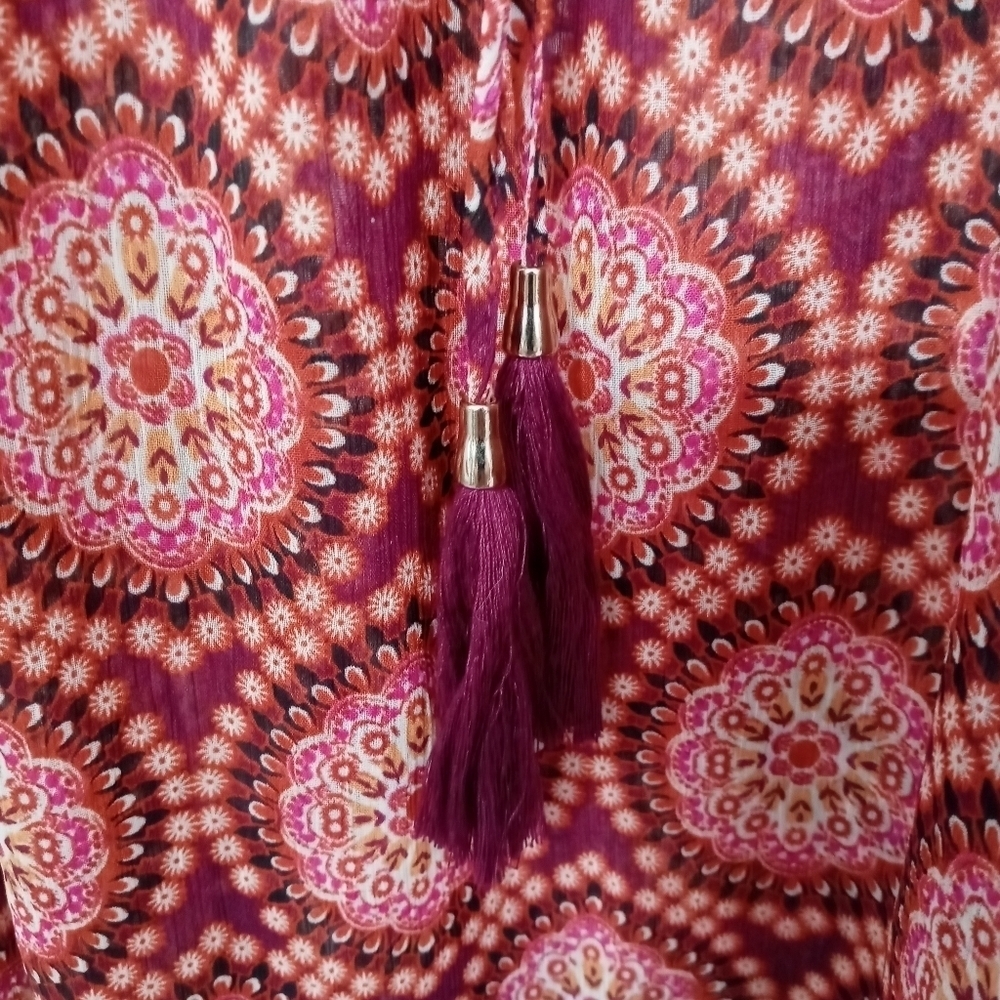 Rose & Olive Paisley Sheer Long Sleeve Blouse With Tassel Ties At Front. - Picture 6 of 9